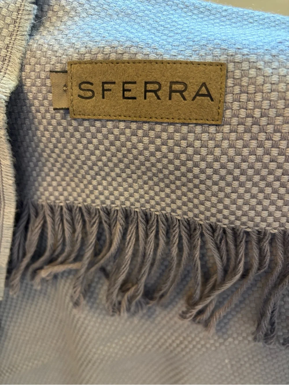SFERRA Luxury Throw Blanket 68x53 Neutral gray/lavender Woven Fringe Cozy Chic